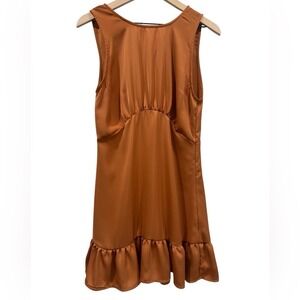 Deluc Silky Satin Sleeveless Ruffled Mini Dress in Rust Bronze- Medium